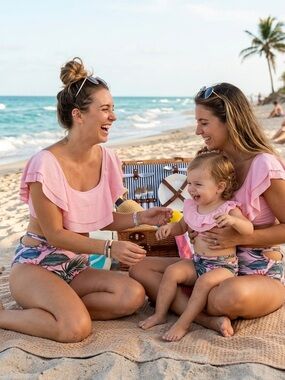 NWT Tropical Matching Swimsuit Set (3) Pink Palm Leaf 2x Adult XL, 2Y Toddler